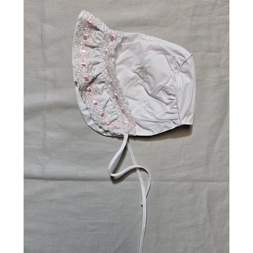 Vintage Girls Bonnet 12 Months White Ruffle Lace Trim